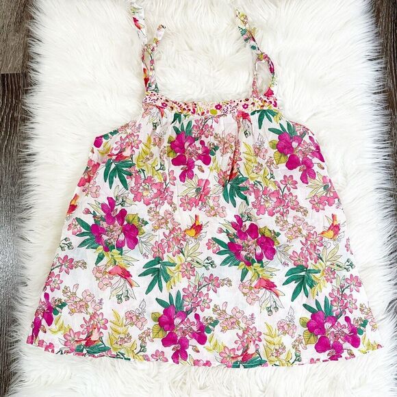 KENZO Kids Girls Floral Tank Size Small Tie Sleeve Feminine Cotton Bird Print - Picture 2 of 5